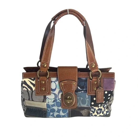 Coach Blue Patchwork and Tan Leather Tote Shoulder Handbag - Picture 1 of 15